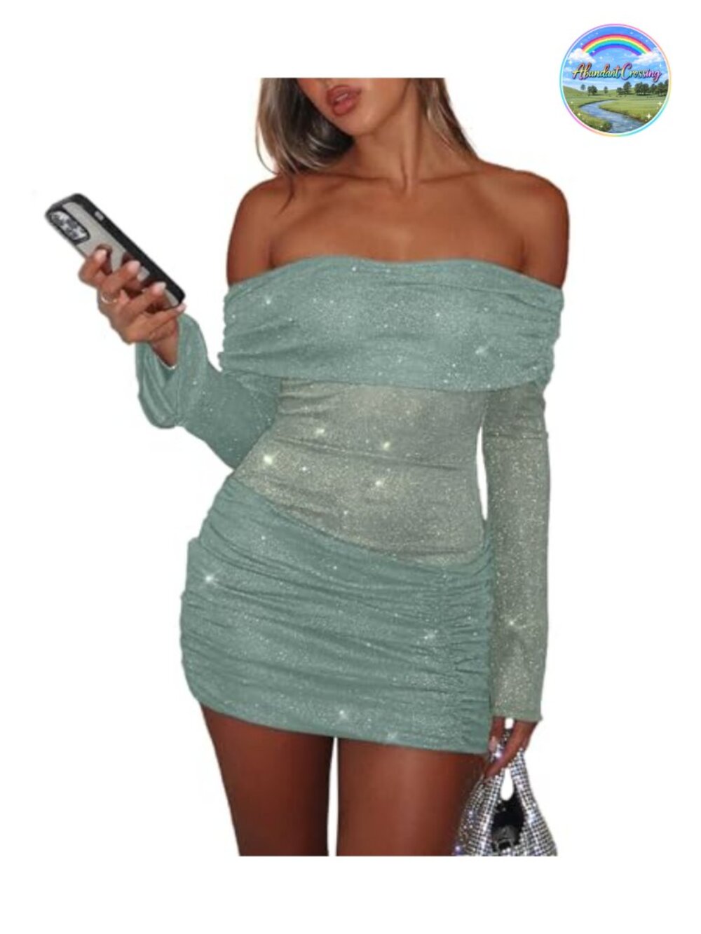 Womens Off Shoulder Mesh Sheer Ruched Bodycon Mini Dress Sparkly Long Sleeve
